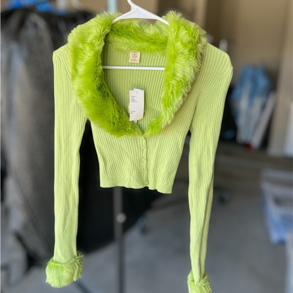 Urban Outfitters Lime Green Faux Fur Trim Cardigan